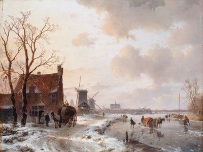 Winterlandschap met paarden op het ijs door Andreas Schelfhout